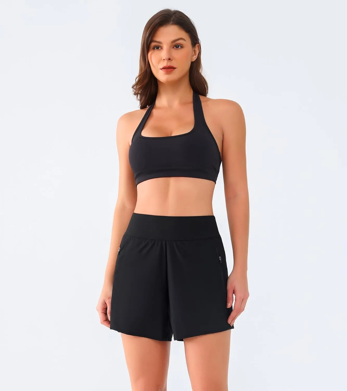 Women's 3" High Waisted Swim Shorts with Zipper Pockets Quick Dry Board Shorts Swimsuit Bottoms Built-in Brief