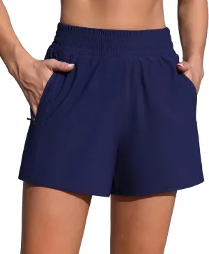 Women's 3" High Waisted Swim Shorts with Zipper Pockets Quick Dry Board Shorts Swimsuit Bottoms Built-in Brief