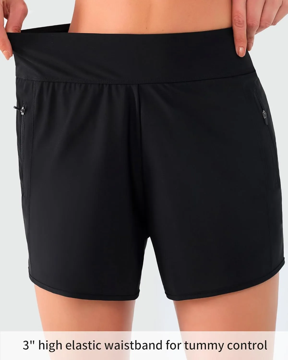 Women's 3" High Waisted Swim Shorts with Zipper Pockets Quick Dry Board Shorts Swimsuit Bottoms Built-in Brief