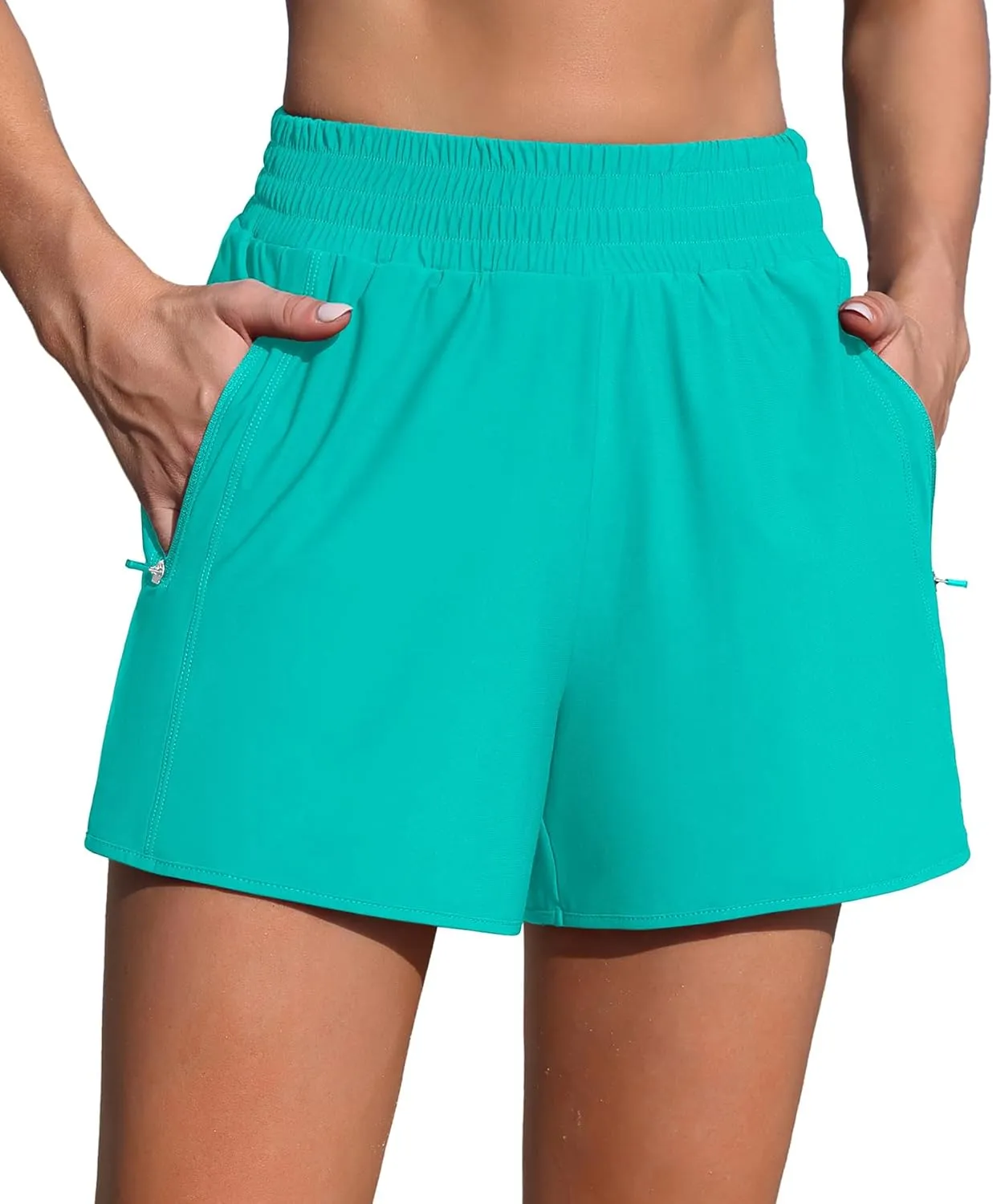 Women's 3" High Waisted Swim Shorts with Zipper Pockets Quick Dry Board Shorts Swimsuit Bottoms Built-in Brief