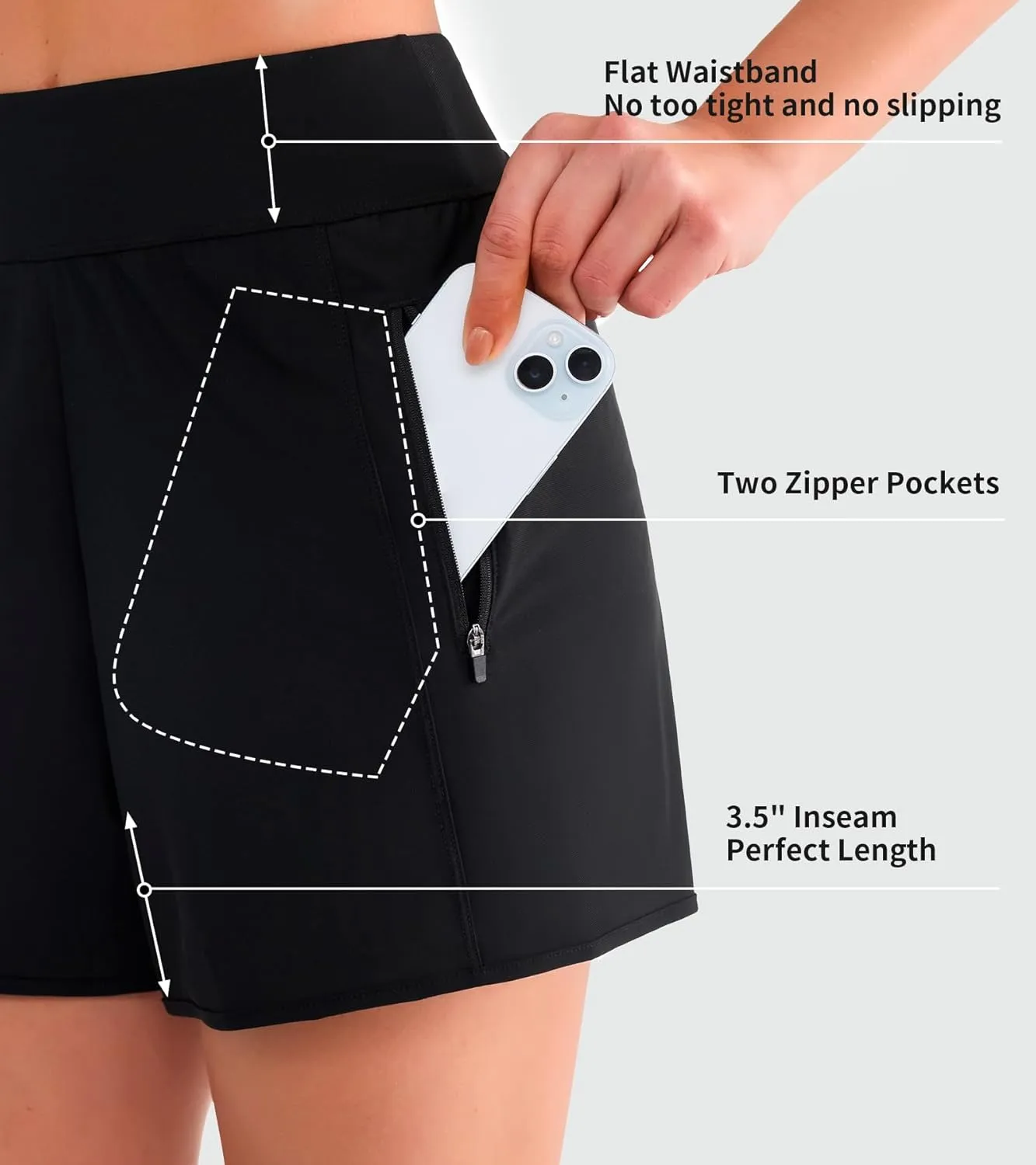 Women's 3" High Waisted Swim Shorts with Zipper Pockets Quick Dry Board Shorts Swimsuit Bottoms Built-in Brief