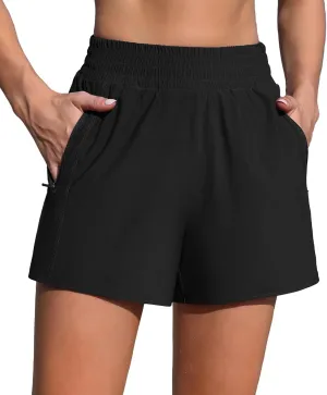 Women's 3" High Waisted Swim Shorts with Zipper Pockets Quick Dry Board Shorts Swimsuit Bottoms Built-in Brief