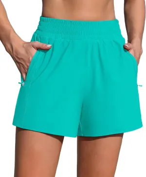 Women's 3" High Waisted Swim Shorts with Zipper Pockets Quick Dry Board Shorts Swimsuit Bottoms Built-in Brief