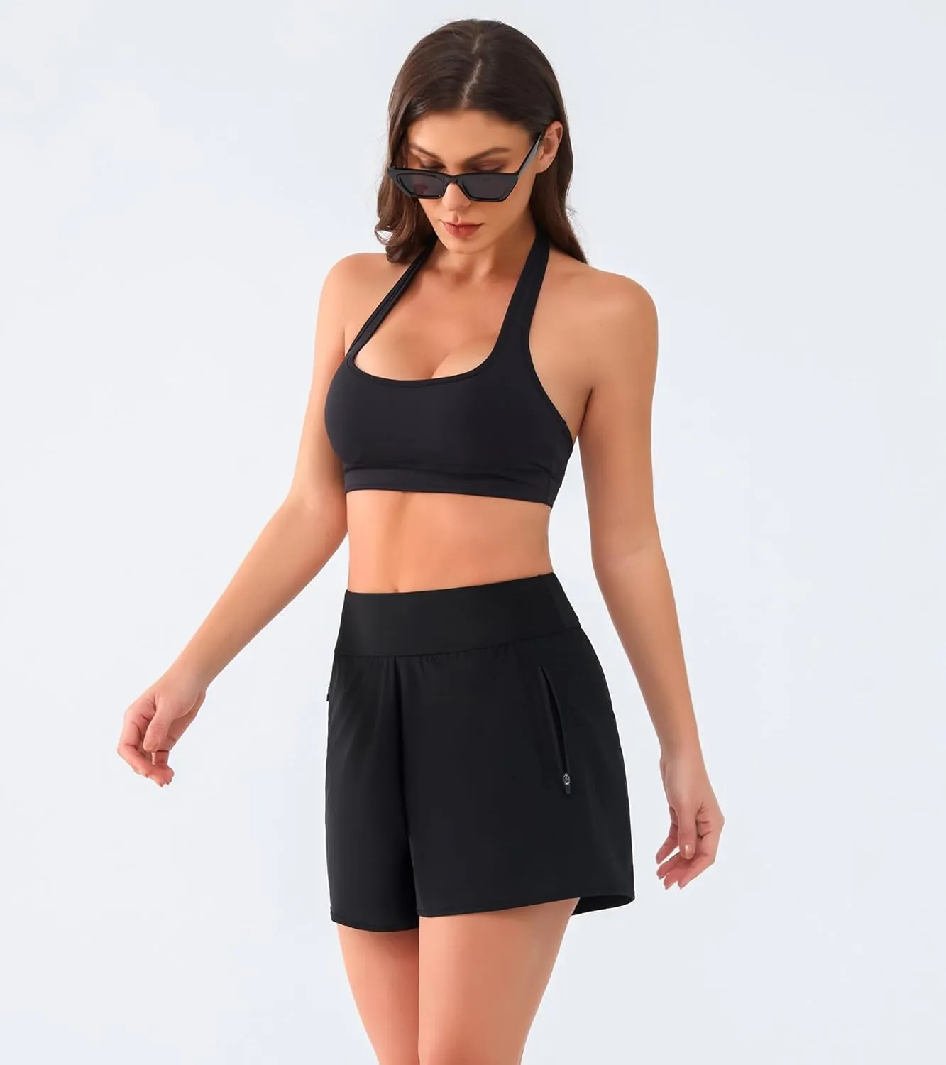 Women's 3" High Waisted Swim Shorts with Zipper Pockets Quick Dry Board Shorts Swimsuit Bottoms Built-in Brief