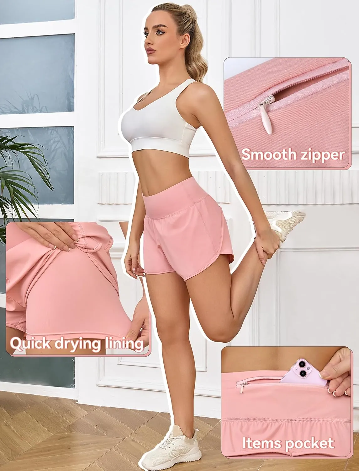Womens Athletic Running Shorts with Liner - Quick Dry Gym Workout Shorts,Zipper Pocket