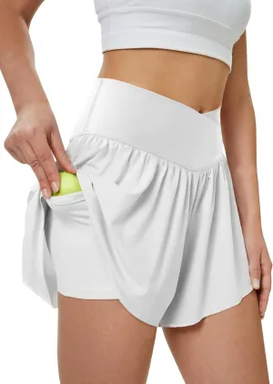 Women's Athletic Running Shorts with Pockets Crossover Butterfly Flowy Shorts Cute Summer Skorts