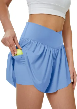 Women's Athletic Running Shorts with Pockets Crossover Butterfly Flowy Shorts Cute Summer Skorts