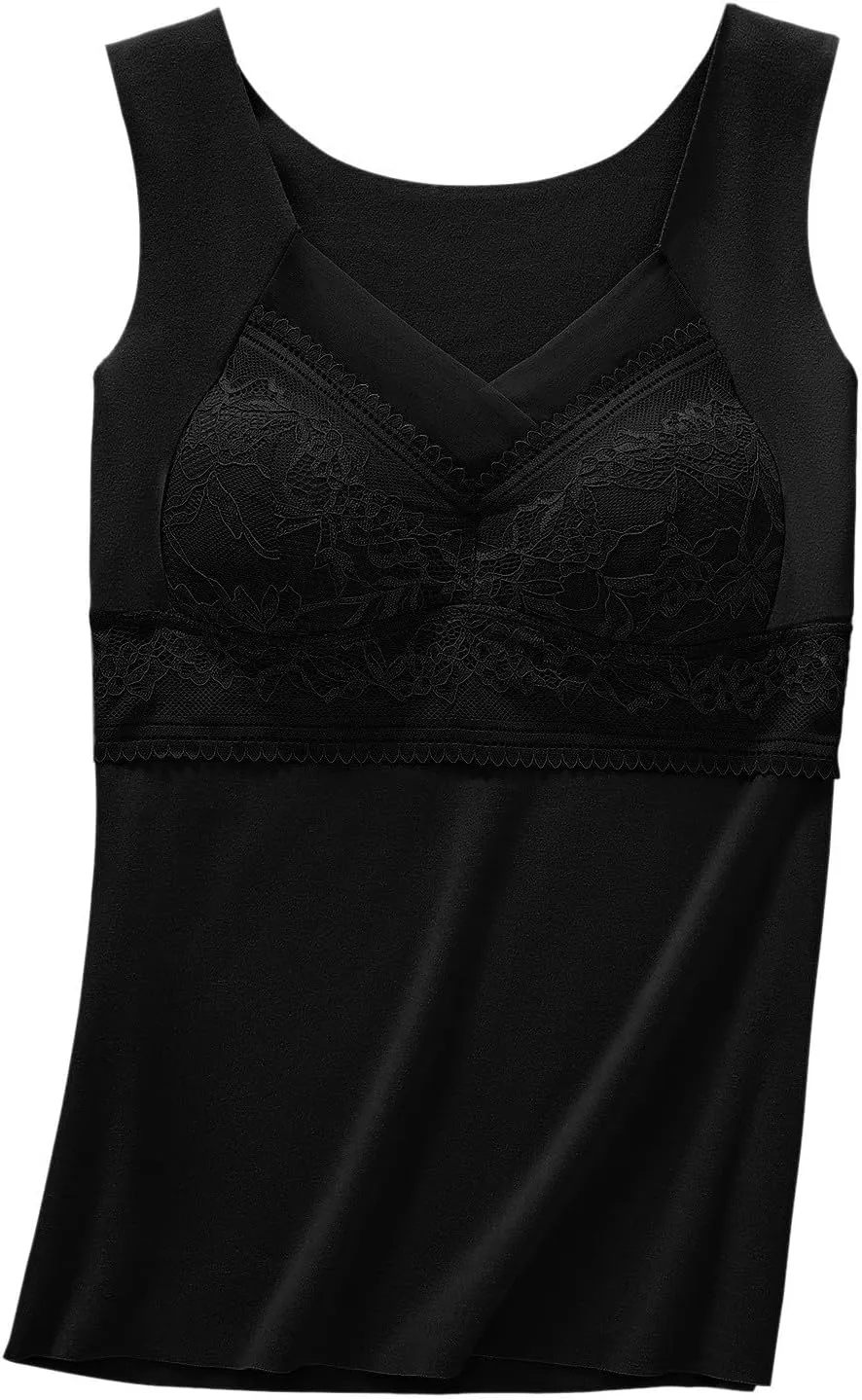 Women's Camisole Built in Bra Wireless Fabric Support Short Cami Pleated Tank Top with Adjustable Strap Tank Tops