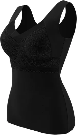 Women's Camisole Built in Bra Wireless Fabric Support Short Cami Pleated Tank Top with Adjustable Strap Tank Tops