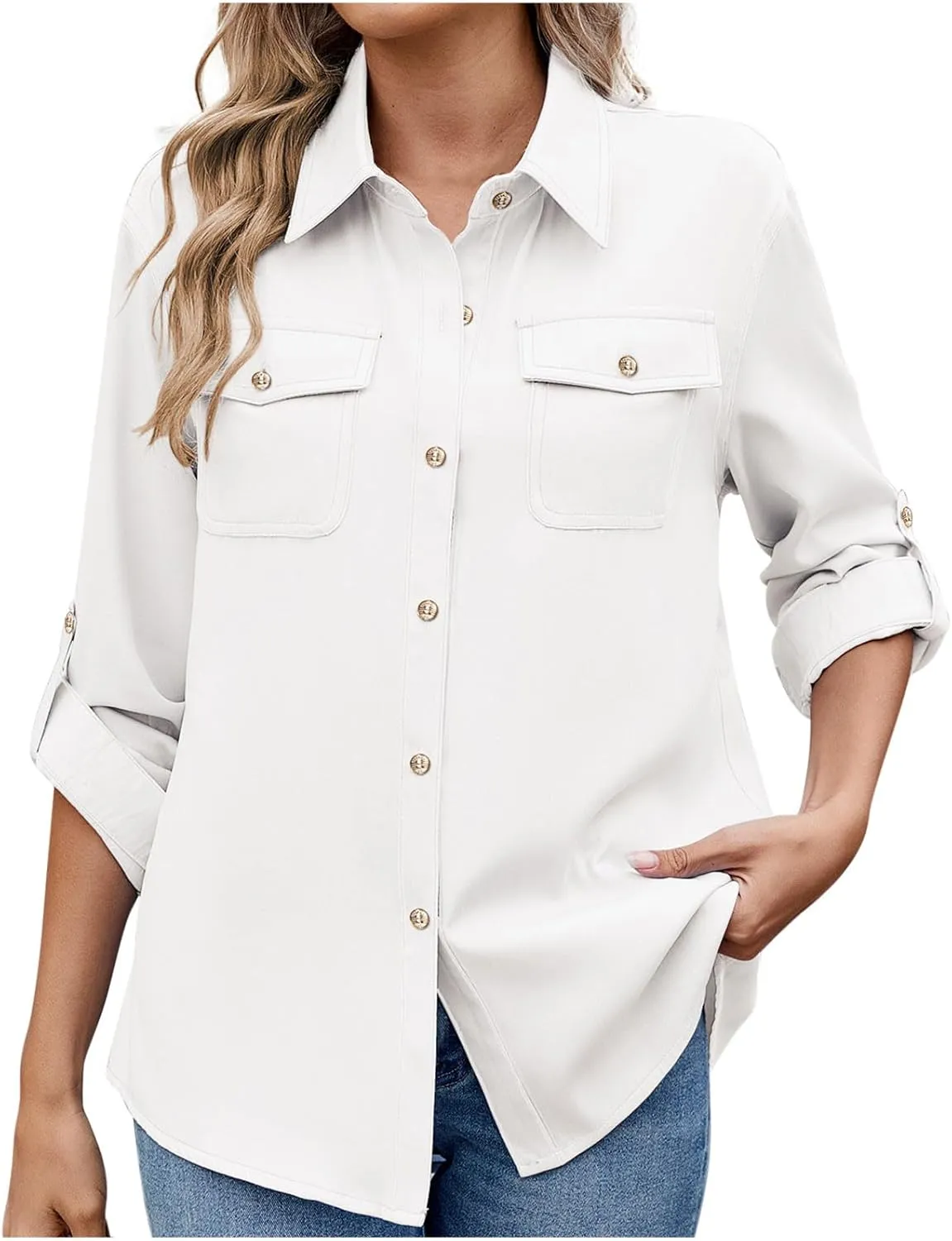 Womens Cargo Shirts UPF 50 UV Sun Protection Long Sleeve Button Blouse Safari Fishing Hiking Outdoor Shirt Loose Fit