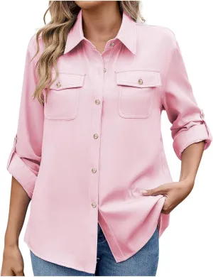 Womens Cargo Shirts UPF 50 UV Sun Protection Long Sleeve Button Blouse Safari Fishing Hiking Outdoor Shirt Loose Fit