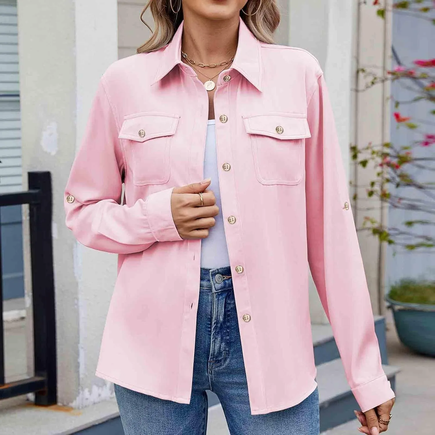 Womens Cargo Shirts UPF 50 UV Sun Protection Long Sleeve Button Blouse Safari Fishing Hiking Outdoor Shirt Loose Fit