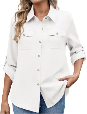 Womens Cargo Shirts UPF 50 UV Sun Protection Long Sleeve Button Blouse Safari Fishing Hiking Outdoor Shirt Loose Fit