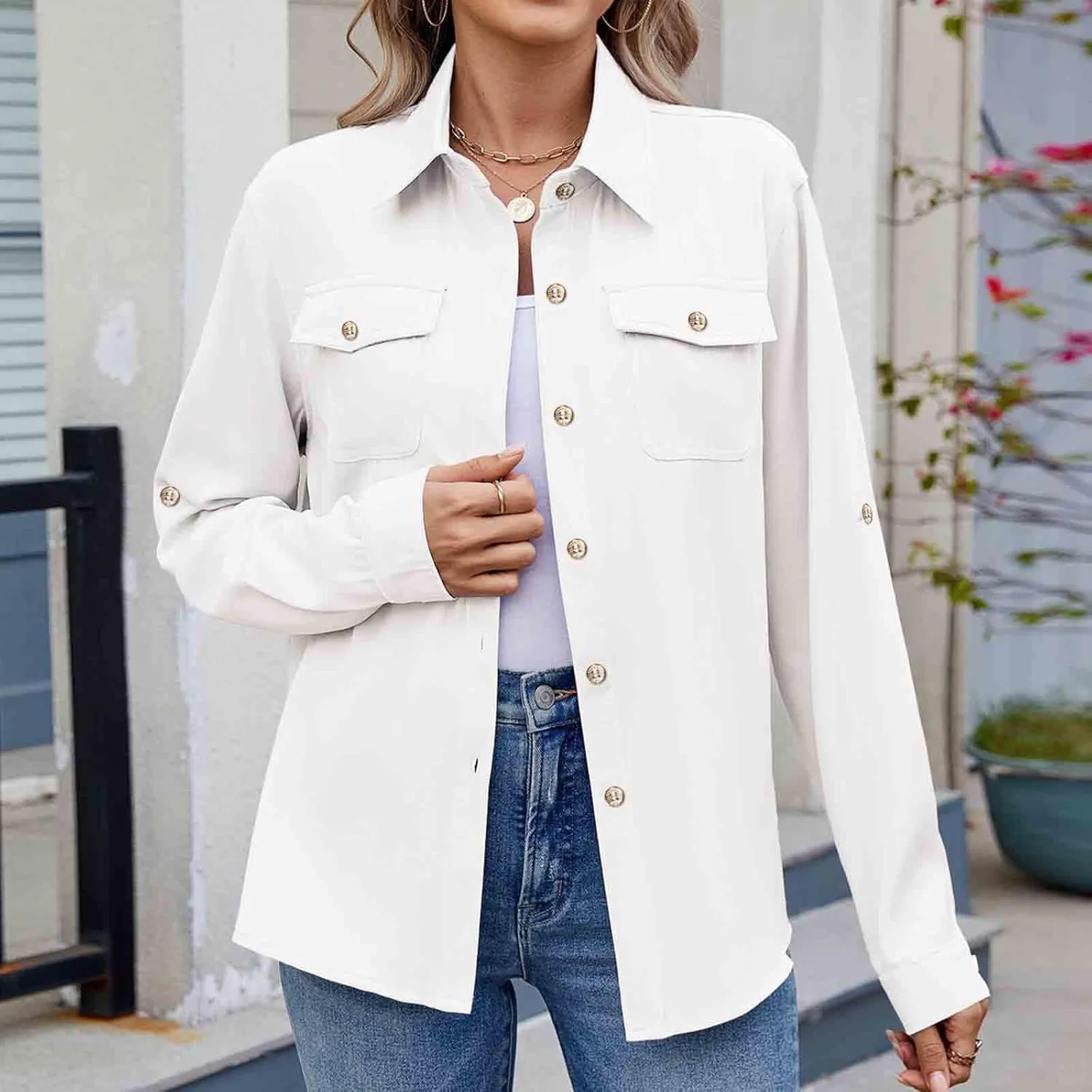 Womens Cargo Shirts UPF 50 UV Sun Protection Long Sleeve Button Blouse Safari Fishing Hiking Outdoor Shirt Loose Fit