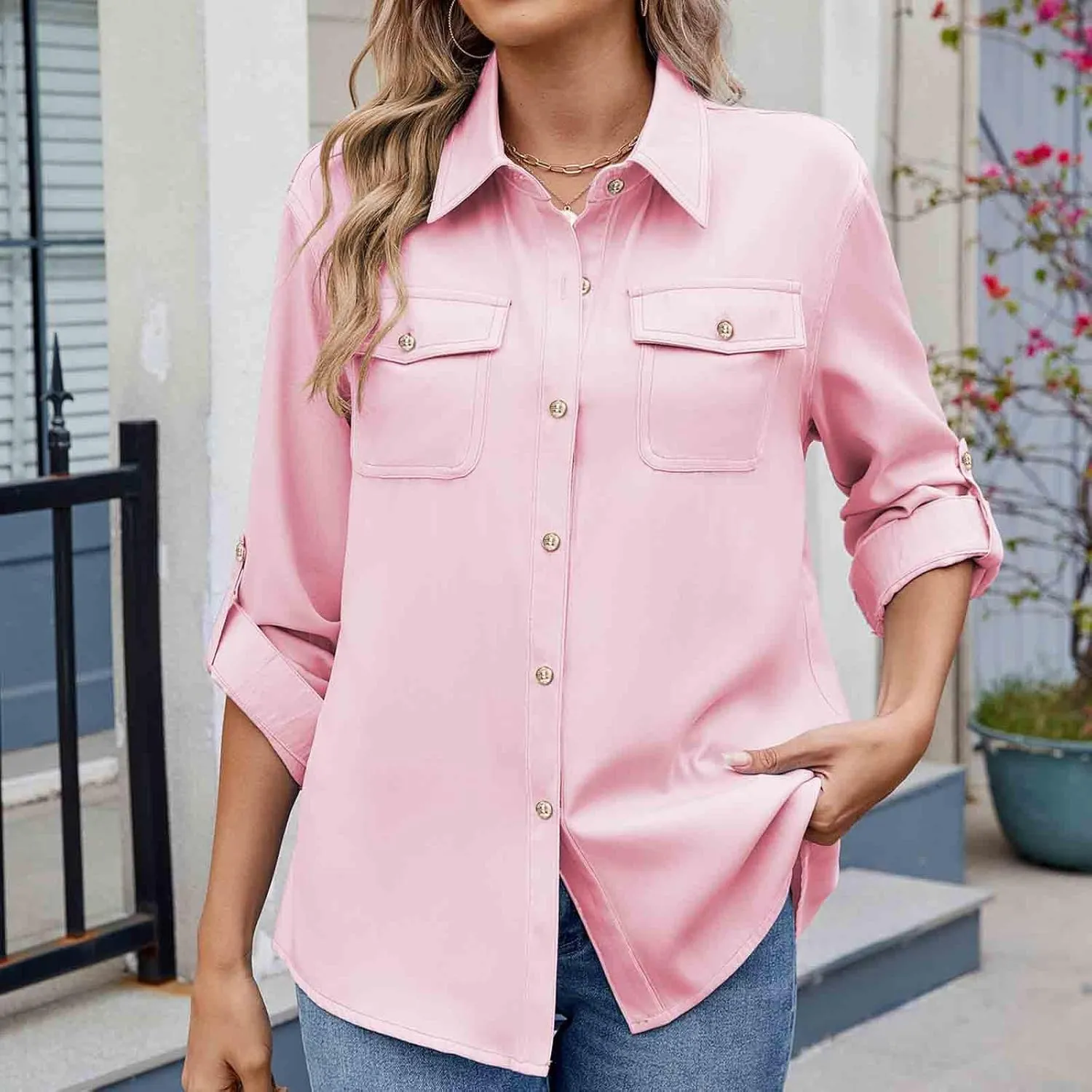 Womens Cargo Shirts UPF 50 UV Sun Protection Long Sleeve Button Blouse Safari Fishing Hiking Outdoor Shirt Loose Fit