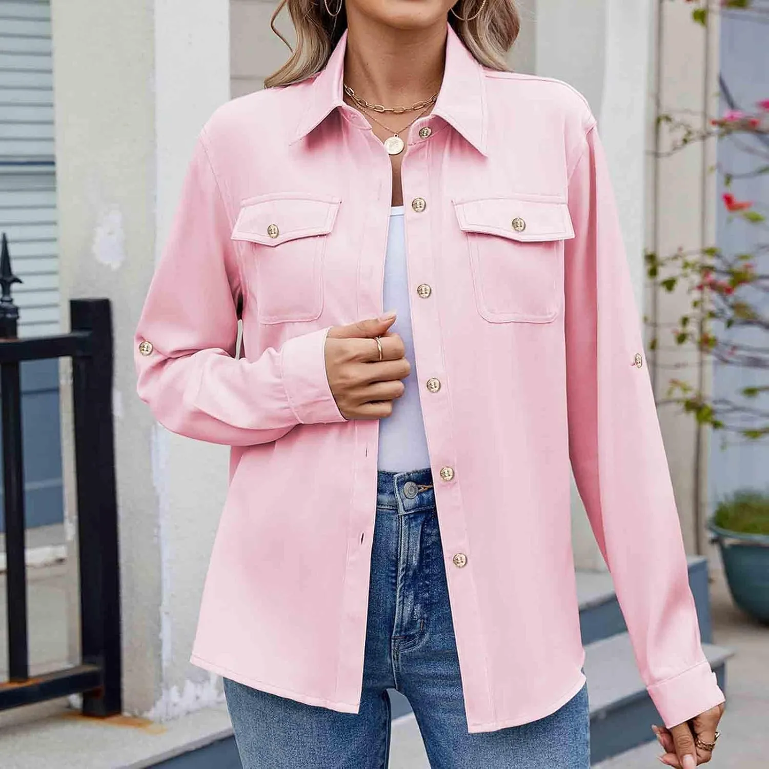 Womens Cargo Shirts UPF 50 UV Sun Protection Long Sleeve Button Blouse Safari Fishing Hiking Outdoor Shirt Loose Fit