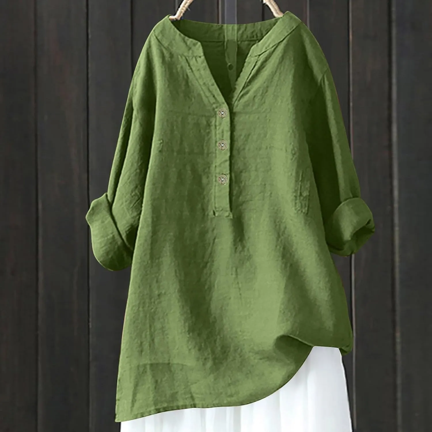 Womens Cotton Button Down Shirt Work Office Long Sleeve Crew Neck Basic Simple T Shirts Tee