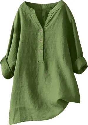 Womens Cotton Button Down Shirt Work Office Long Sleeve Crew Neck Basic Simple T Shirts Tee