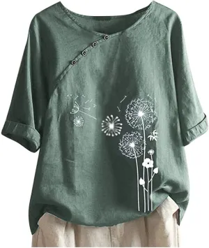 Womens Cotton Linen Short Sleeve Tops Casual Crew Neck T Shirts Embroidered Blouse Plus Size Loose Fit Summer Tunics
