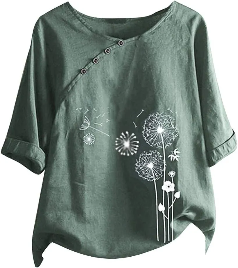 Womens Cotton Linen Short Sleeve Tops Casual Crew Neck T Shirts Embroidered Blouse Plus Size Loose Fit Summer Tunics