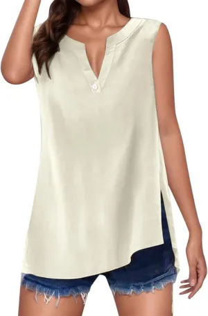 Women's Cotton Linen Tops Breathable V-Neck Tunic Tank with Buttons for ​​Summer ​​Beach/Office/Weekend Outfits​