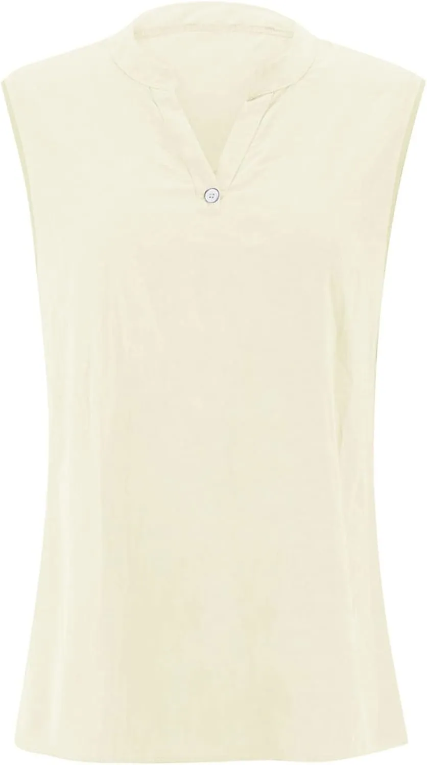 Women's Cotton Linen Tops Breathable V-Neck Tunic Tank with Buttons for ​​Summer ​​Beach/Office/Weekend Outfits​
