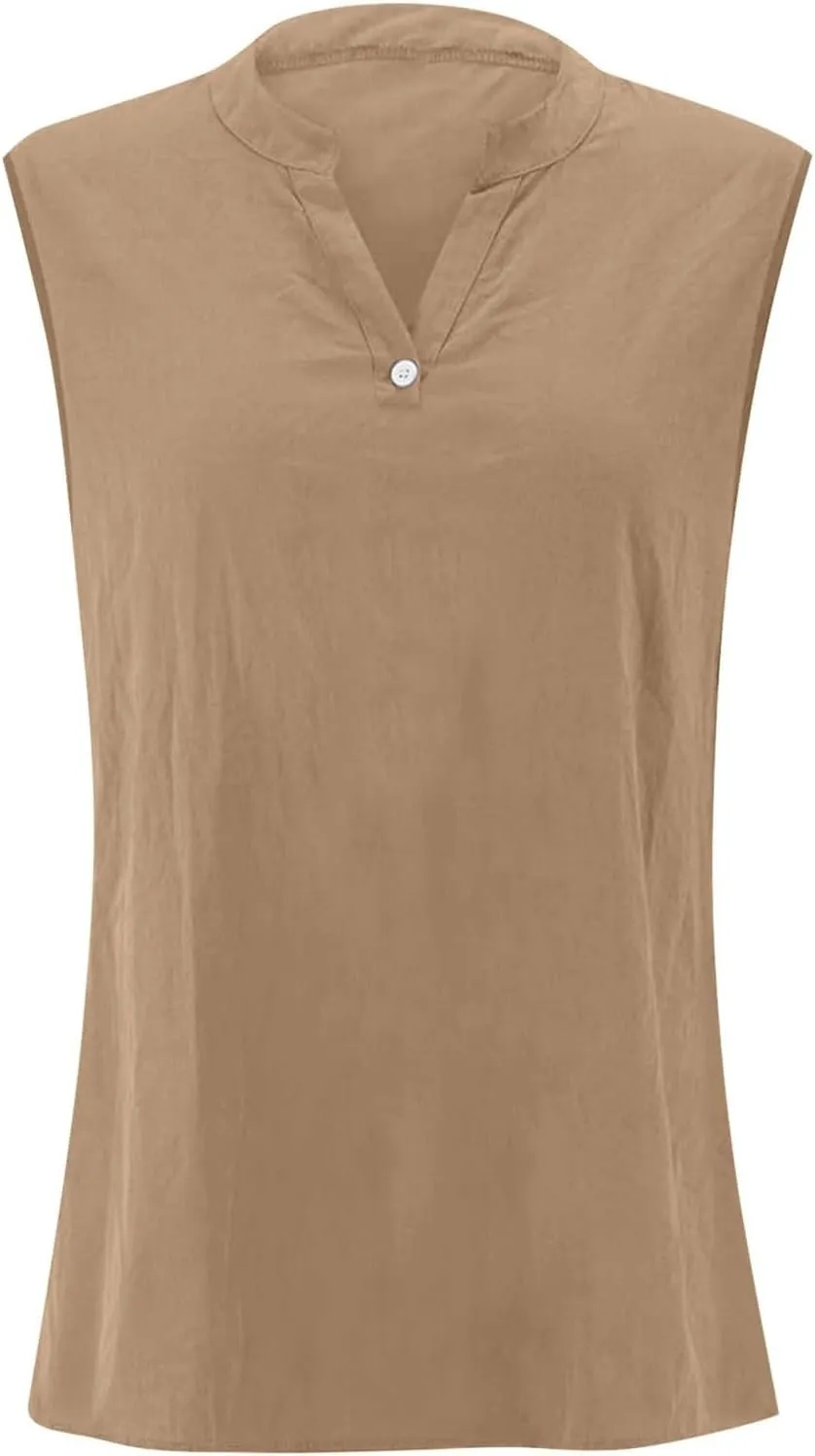 Women's Cotton Linen Tops Breathable V-Neck Tunic Tank with Buttons for ​​Summer ​​Beach/Office/Weekend Outfits​