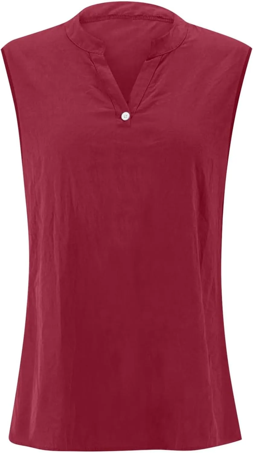 Women's Cotton Linen Tops Breathable V-Neck Tunic Tank with Buttons for ​​Summer ​​Beach/Office/Weekend Outfits​