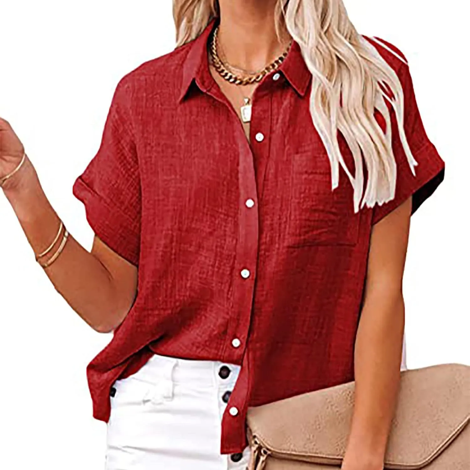 Womens Cotton Linen Tops Dressy Casual Loose Short Sleeve Button Down Shirts Business Work Office Tshirt Blouses