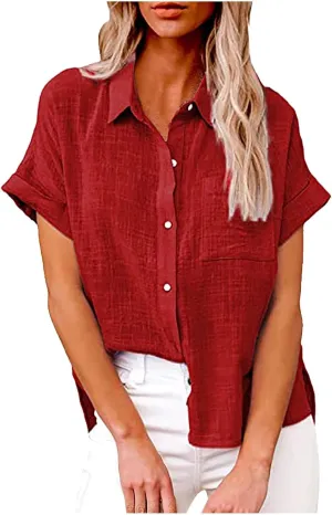 Womens Cotton Linen Tops Dressy Casual Loose Short Sleeve Button Down Shirts Business Work Office Tshirt Blouses