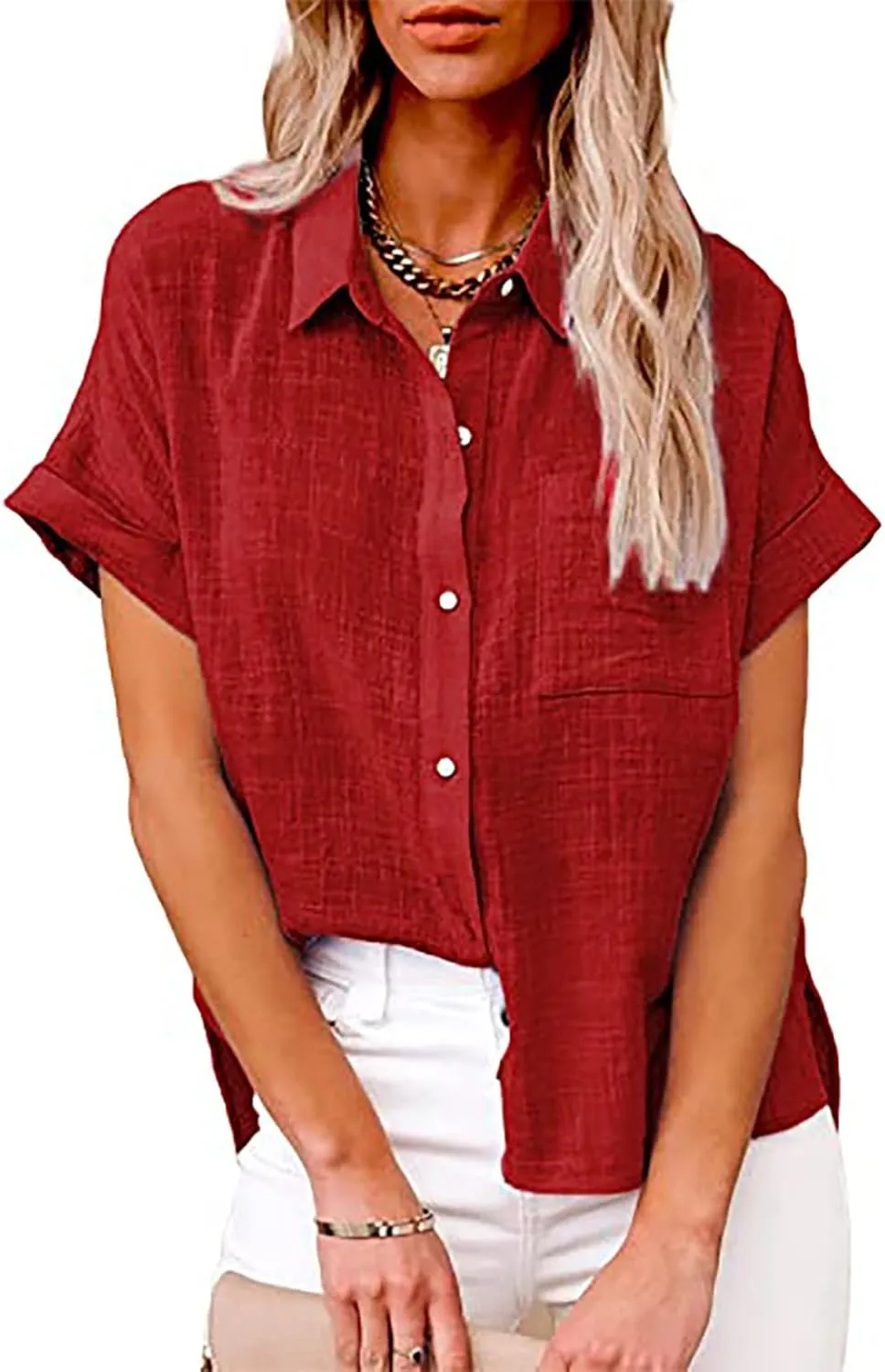 Womens Cotton Linen Tops Dressy Casual Loose Short Sleeve Button Down Shirts Business Work Office Tshirt Blouses