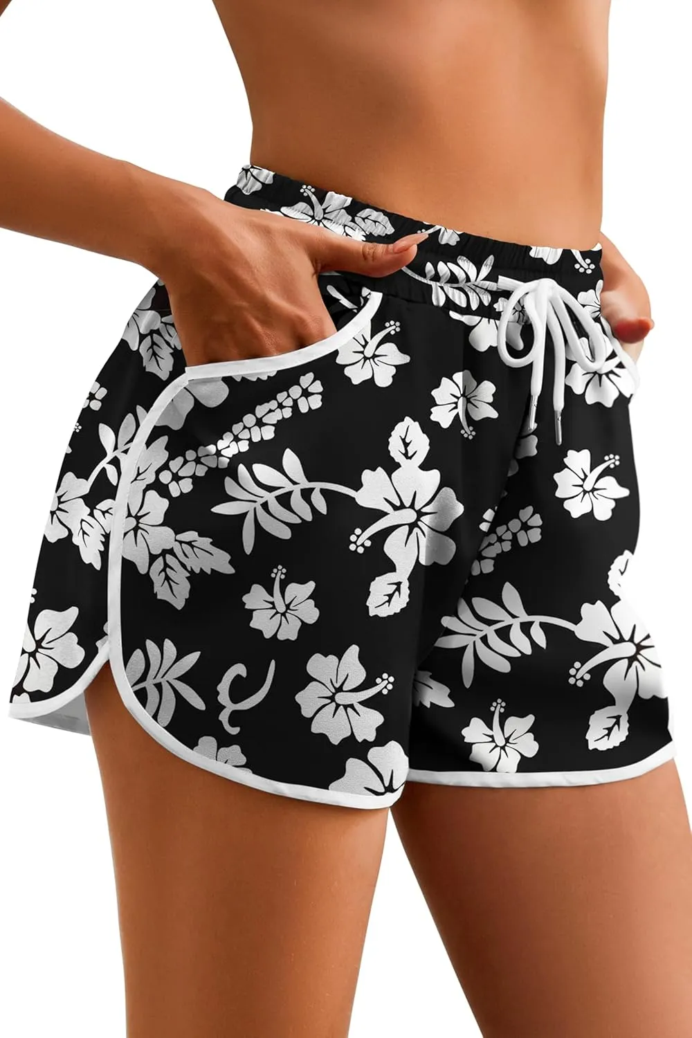 Women's Drawstring Board Shorts Floral Beach Swimming Shorts Summer Sports Swim Trunks Swimsuit Bottoms with Pockets