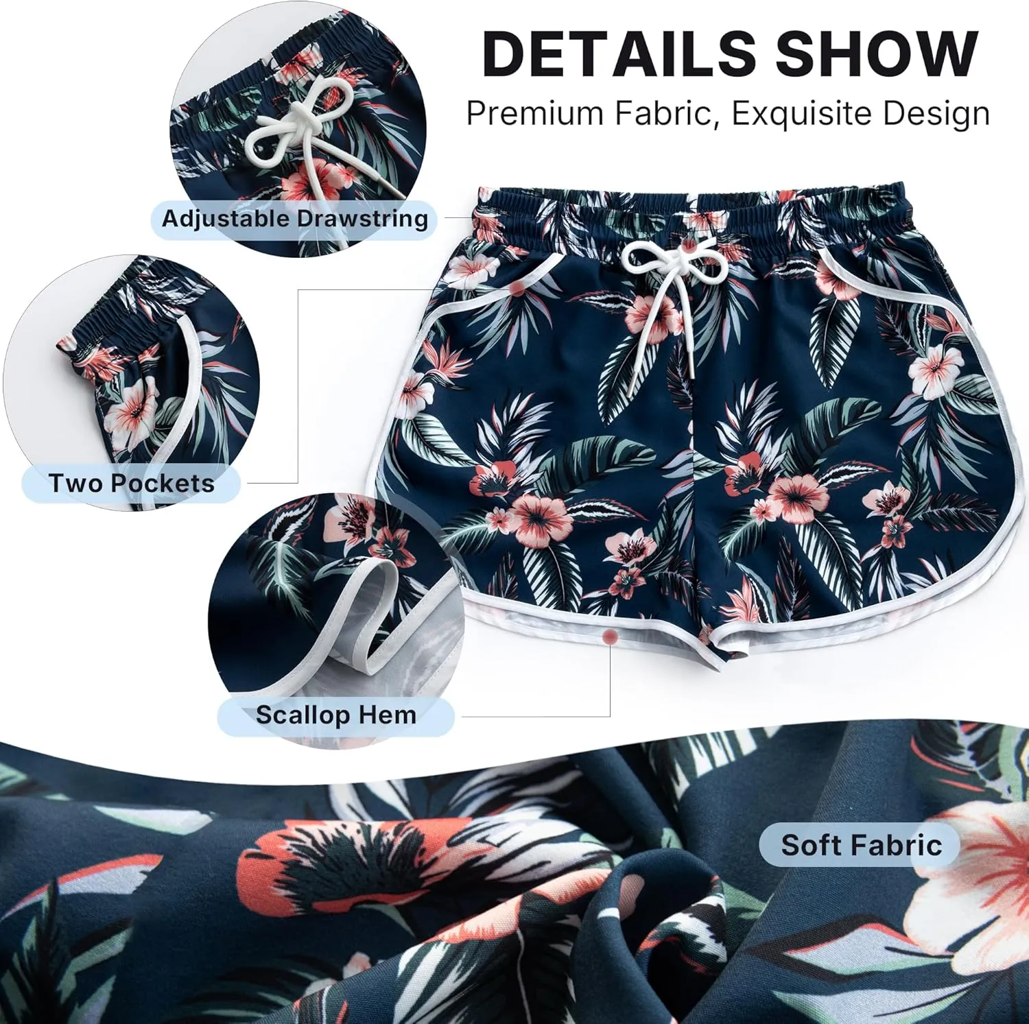 Women's Drawstring Board Shorts Floral Beach Swimming Shorts Summer Sports Swim Trunks Swimsuit Bottoms with Pockets