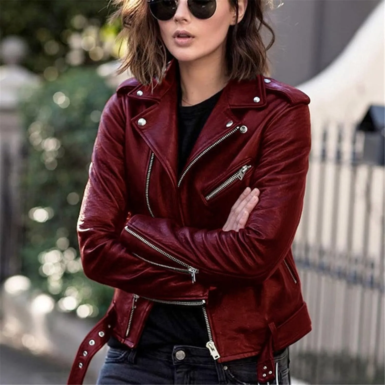 Women's Faux Leather Jackets Motorcycle Short Coat Moto Biker Blazer Zip-up Slim PU Coats with Pockets