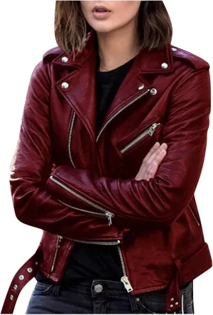 Women's Faux Leather Jackets Motorcycle Short Coat Moto Biker Blazer Zip-up Slim PU Coats with Pockets