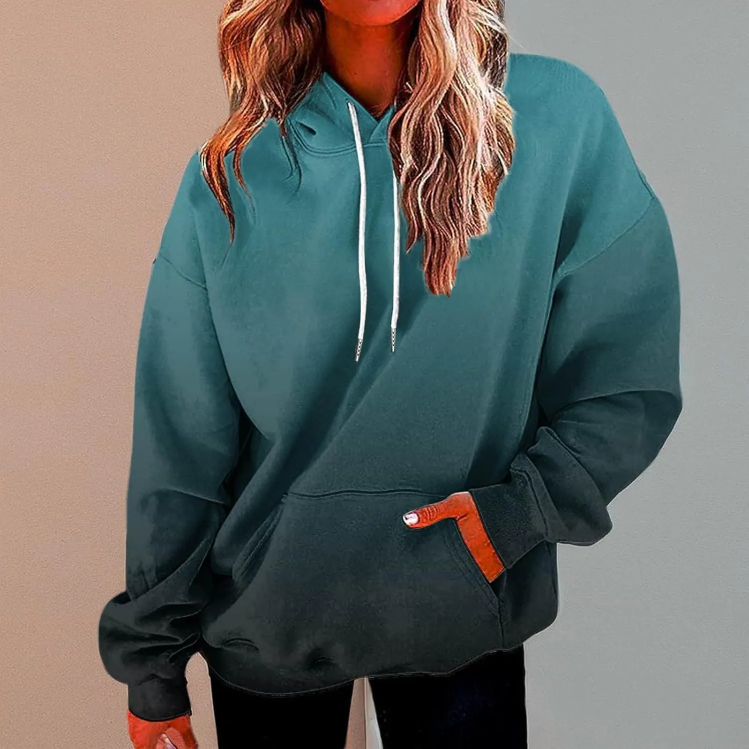 Womens Gradient Print Oversized Sweatshirt Drawstring Pullover with Pocket Trendy Sweater Tops Fashion Clothes 1