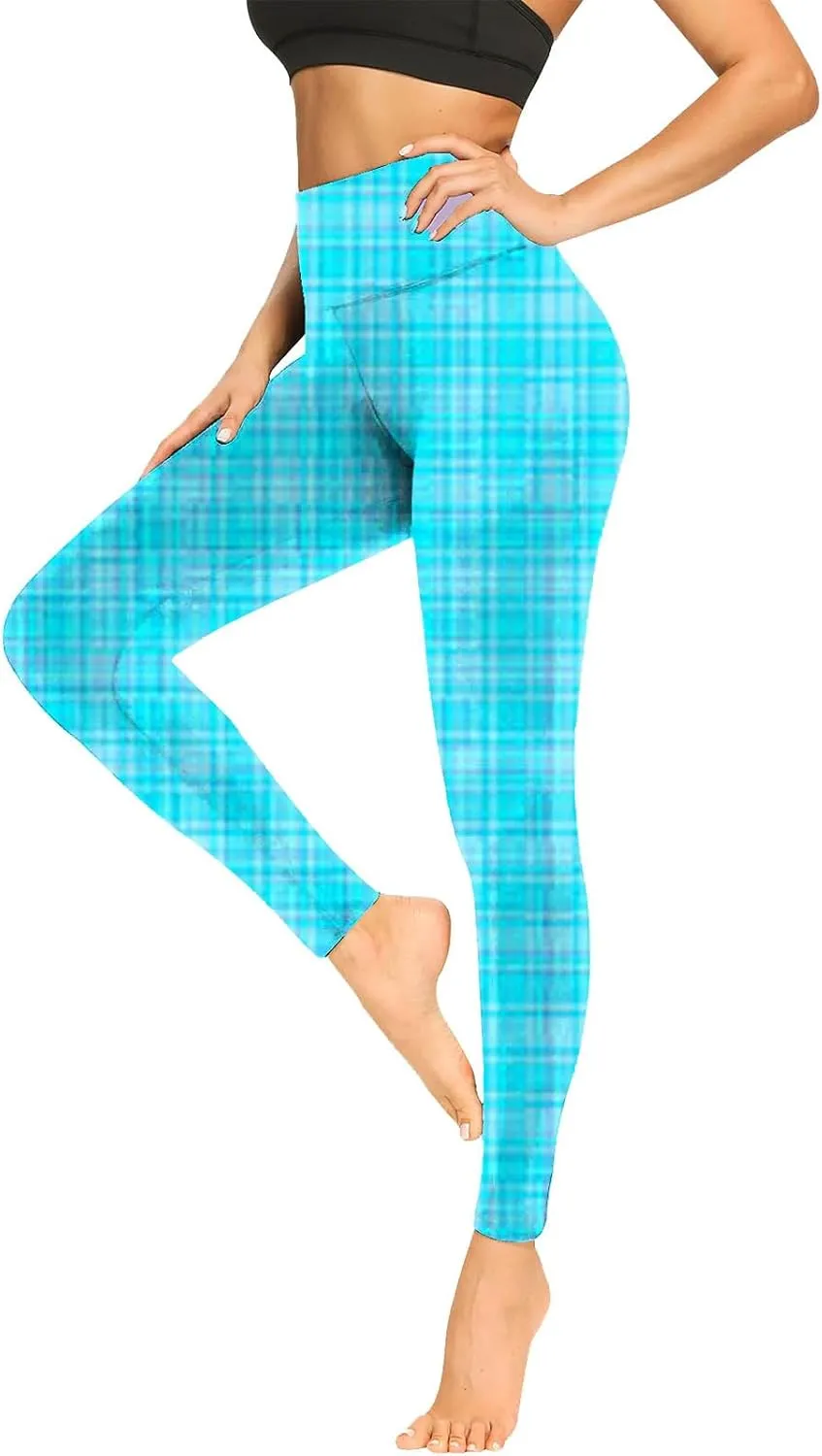 Womens Gym Leggings Ladies High Waist Plaid Leggings Workout Yoga Pants Compression Tights Casual Breathable Stretchy Pants