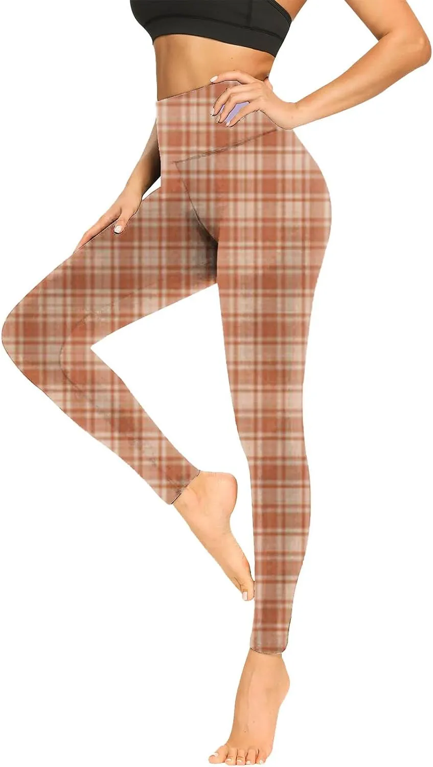 Womens Gym Leggings Ladies High Waist Plaid Leggings Workout Yoga Pants Compression Tights Casual Breathable Stretchy Pants