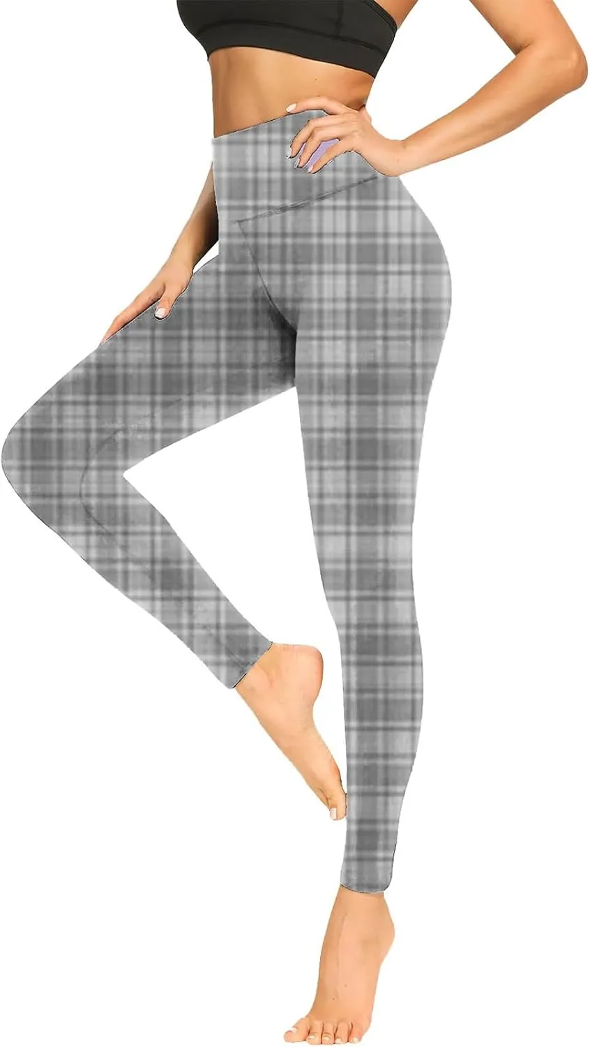 Womens Gym Leggings Ladies High Waist Plaid Leggings Workout Yoga Pants Compression Tights Casual Breathable Stretchy Pants