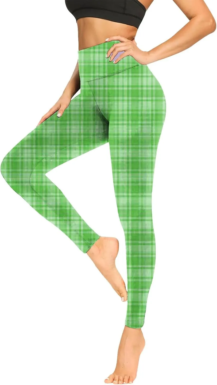 Womens Gym Leggings Ladies High Waist Plaid Leggings Workout Yoga Pants Compression Tights Casual Breathable Stretchy Pants