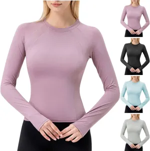 Womens Gym Tops Long Sleeve Sports T-Shirt Fitness Workout Yoga Tops Body Contour with Thumb Hole Athletic Quick Dry