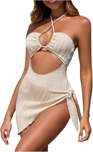 Womens Halter Swimdress One Piece Cut Out Swimsuits Backless Side Tie Tummy Control Swim Dresses Skirt Bathing Suit