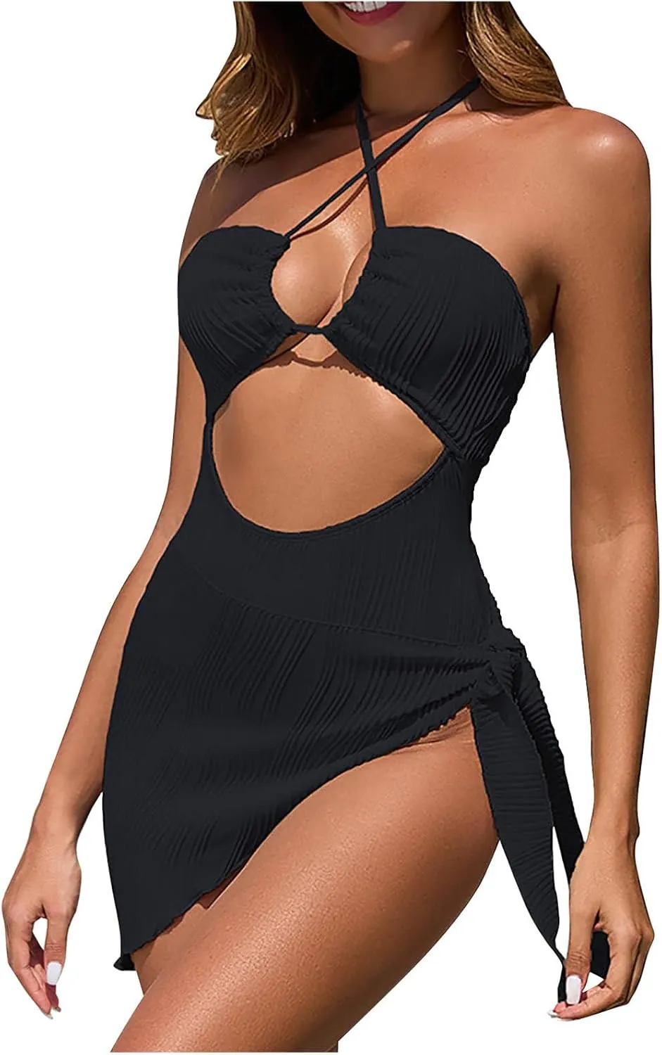 Womens Halter Swimdress One Piece Cut Out Swimsuits Backless Side Tie Tummy Control Swim Dresses Skirt Bathing Suit