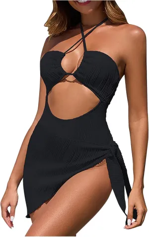 Womens Halter Swimdress One Piece Cut Out Swimsuits Backless Side Tie Tummy Control Swim Dresses Skirt Bathing Suit