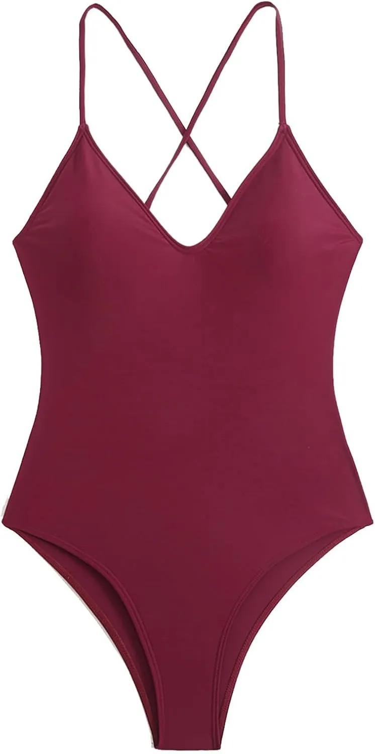 Womens Hawaiian Vacation Swimsuit Cross Backless One Piece Bathing Suits Solid Color V-Neck Tummy Control Swimwear
