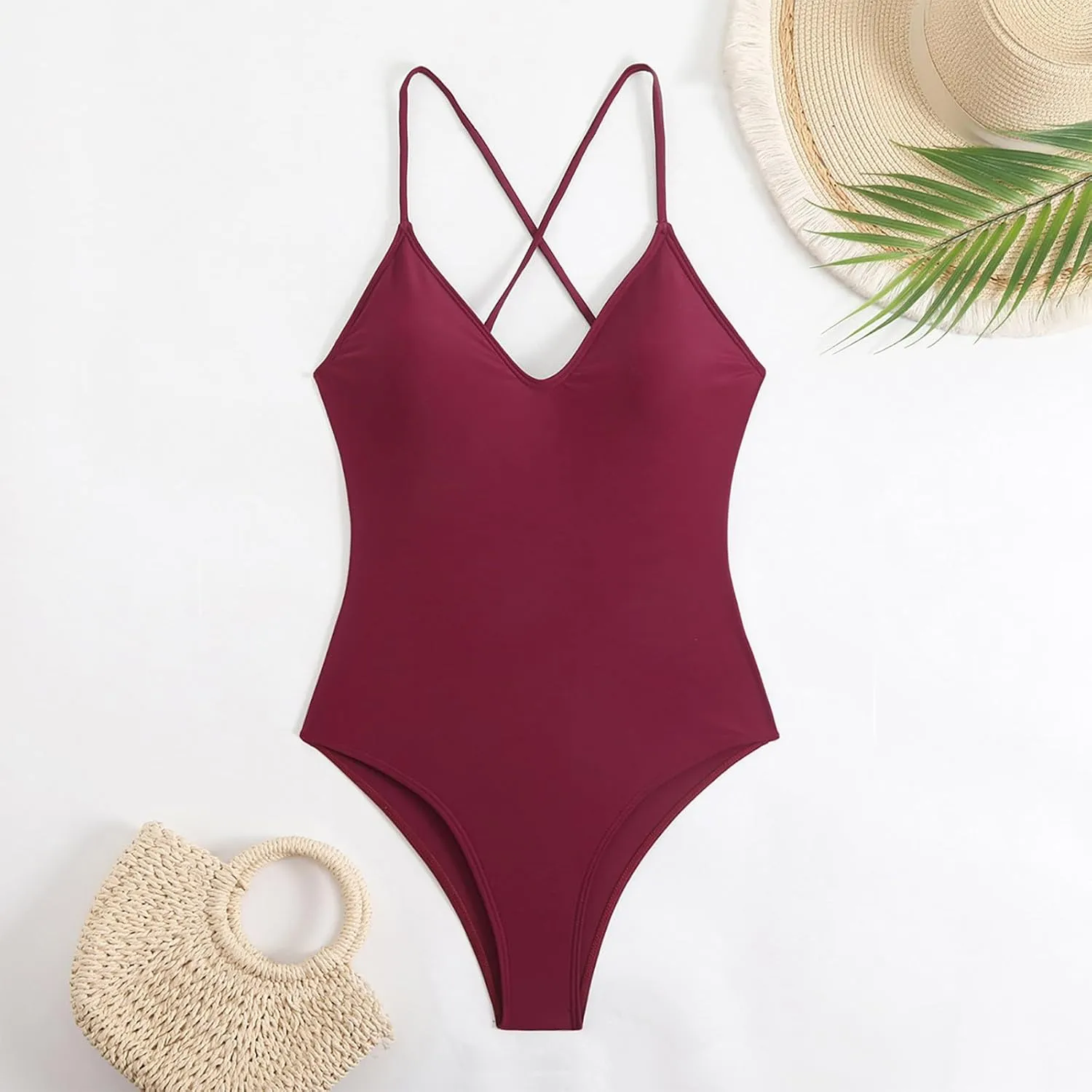 Womens Hawaiian Vacation Swimsuit Cross Backless One Piece Bathing Suits Solid Color V-Neck Tummy Control Swimwear