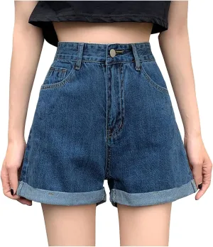 Womens Jean Shorts High Waisted Trendy Summer Wide Leg Stretchy Baggy Folded Hem Y2k Girls Denim Shorts Hot Shorts