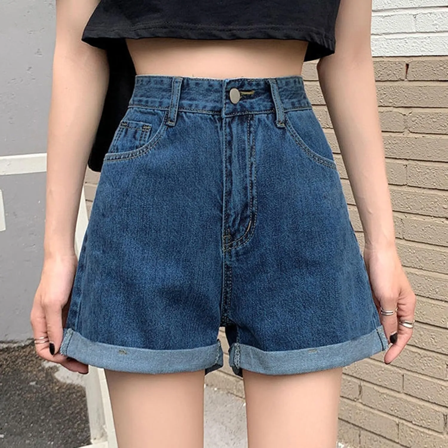 Womens Jean Shorts High Waisted Trendy Summer Wide Leg Stretchy Baggy Folded Hem Y2k Girls Denim Shorts Hot Shorts