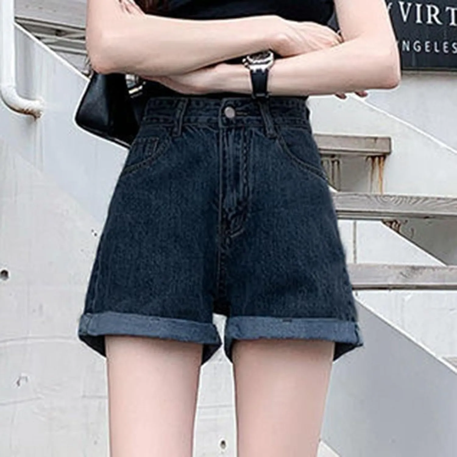 Womens Jean Shorts High Waisted Trendy Summer Wide Leg Stretchy Baggy Folded Hem Y2k Girls Denim Shorts Hot Shorts