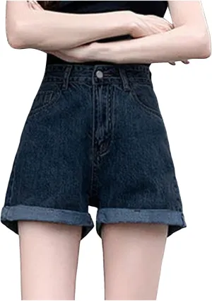 Womens Jean Shorts High Waisted Trendy Summer Wide Leg Stretchy Baggy Folded Hem Y2k Girls Denim Shorts Hot Shorts